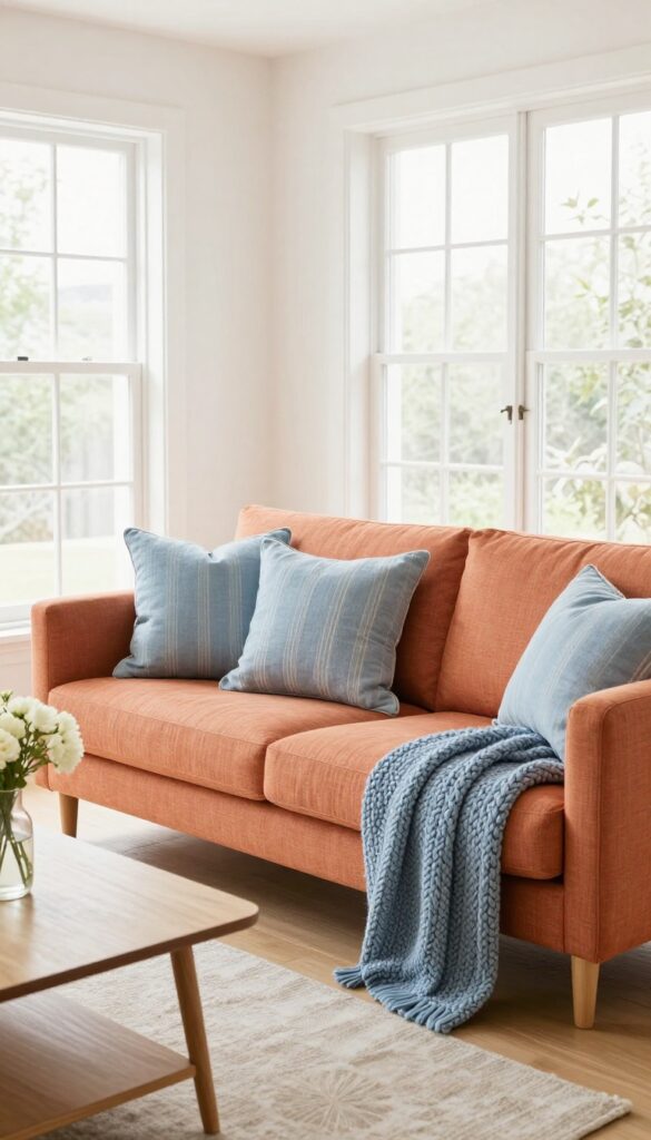 Light orange sofa with soft blue linen pillows and a chunky knit throw in a bright, airy living room.