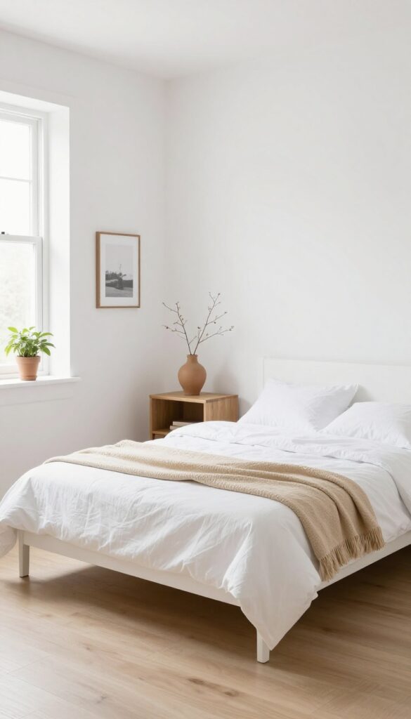 Minimal small bedroom with beige throw, terracotta vase, and black-and-white print on nightstand, bright natural light