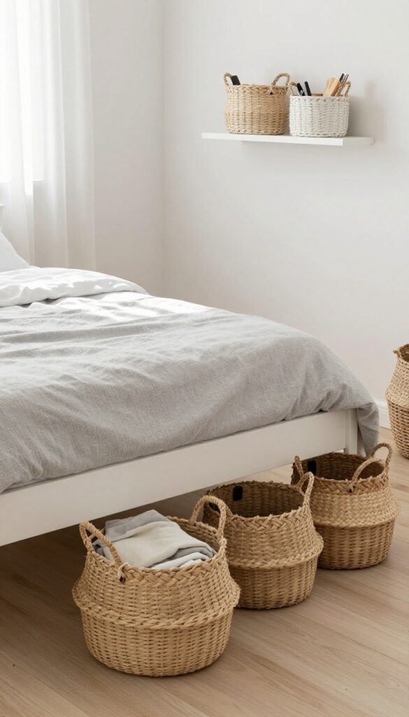 Small bedroom with woven baskets under bed and on shelf for hidden storage, soft chic style