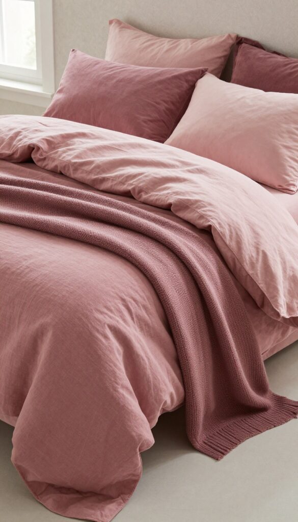 Layered pink bedding with mixed tones and textures on a bed in a bright, cozy bedroom.