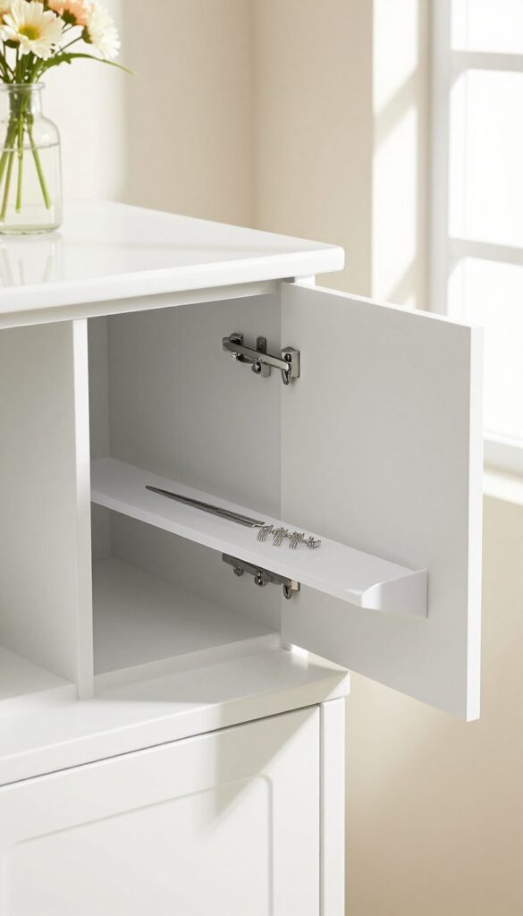 Open cabinet door with magnetic strip holding bobby pins, tweezers, and nail clippers in a luxury guest toilet