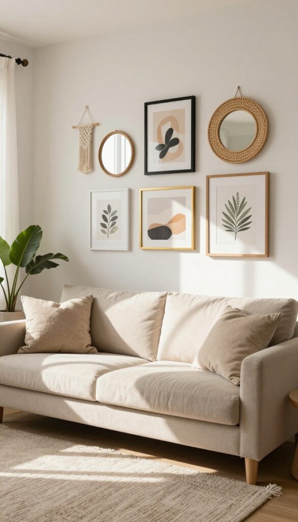 Cozy boho living room with a gallery wall of mixed frames above a sofa, including a mirror and woven wall hanging.