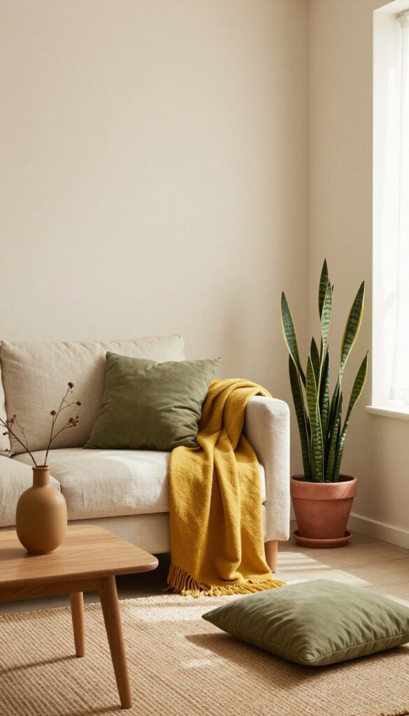 Cozy small living room corner with muted mustard throw and olive cushions on cream sofa, olive floor cushion, jute rug, snake plant, and mustard ceramic vase, bathed in natural light.