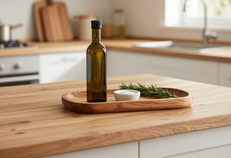 Cozy kitchen countertop with a rustic wooden oil tray holding olive oil and salt dishes, warm natural lighting.