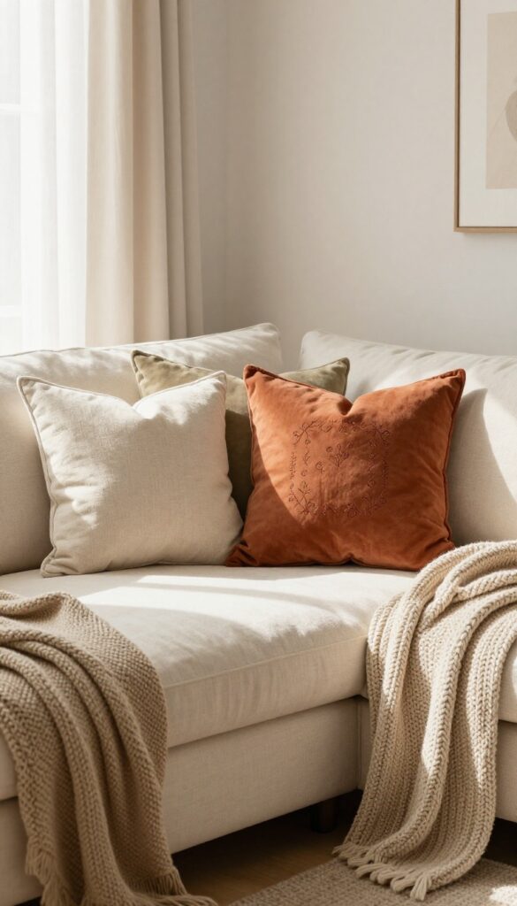 Boho living room with mix and match throw pillows in warm neutrals and earthy tones on a neutral sofa, layered textures, natural light.
