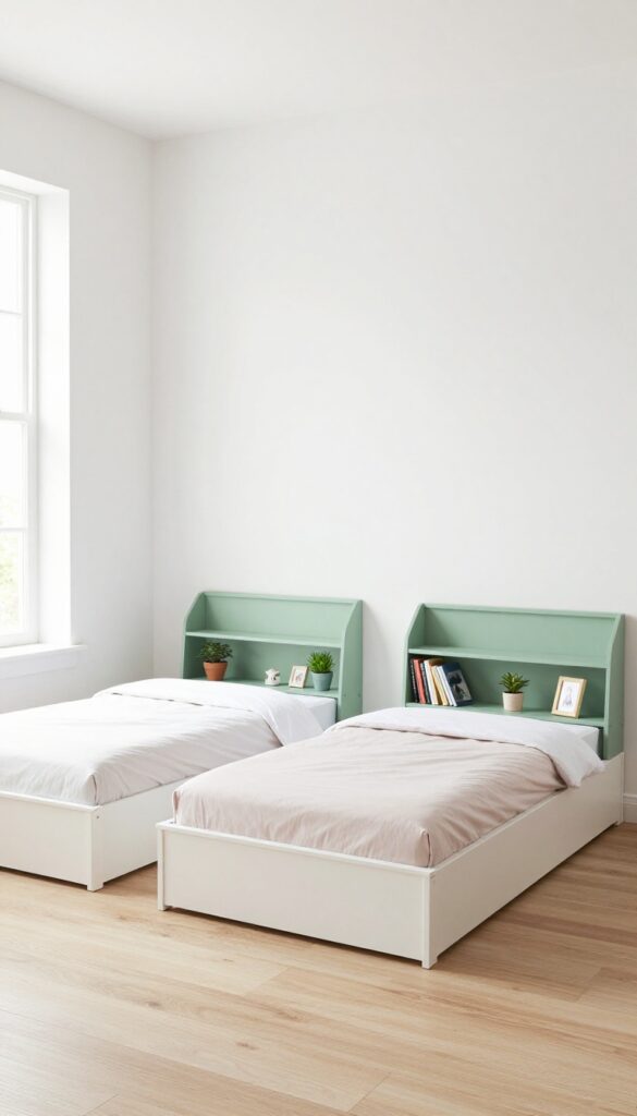 Two platform beds with matching frames and contrasting storage headboards in a bright twin girls' bedroom