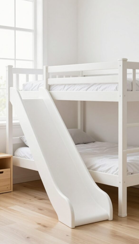 White bunk bed with a slide in a bright, minimal children's bedroom