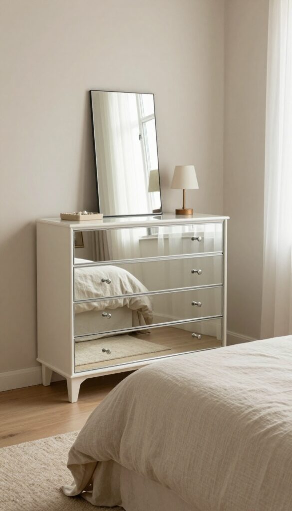 Small bedroom with mirrored dresser reflecting light, linen bedding, and wool rug, creating an open and airy feel.