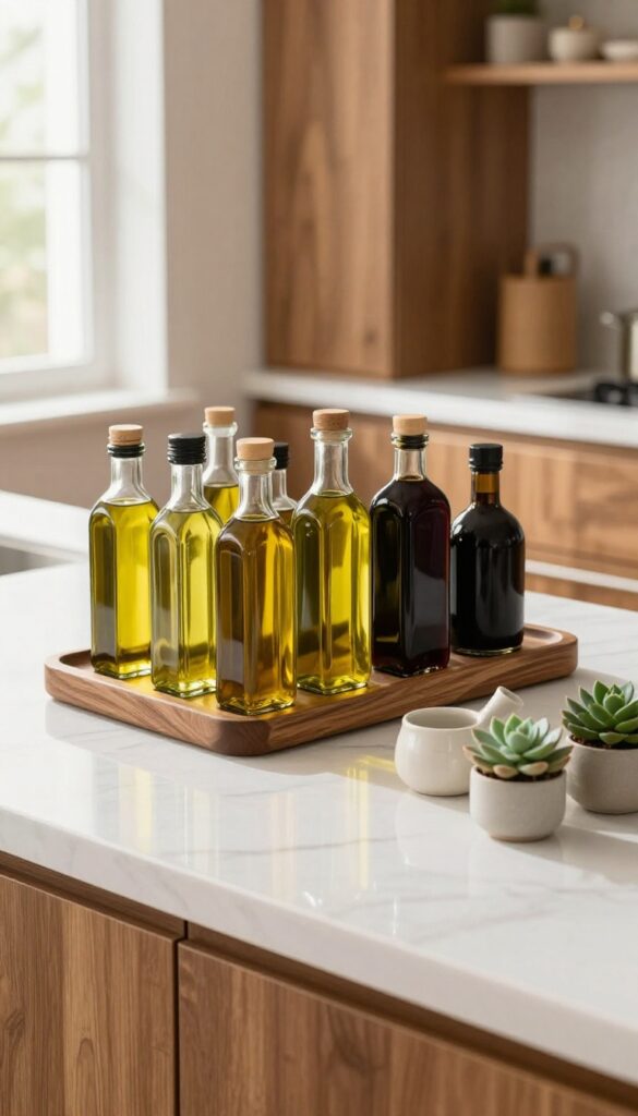 A wooden lazy Susan holding oil and vinegar bottles and a small plant on a kitchen counter.