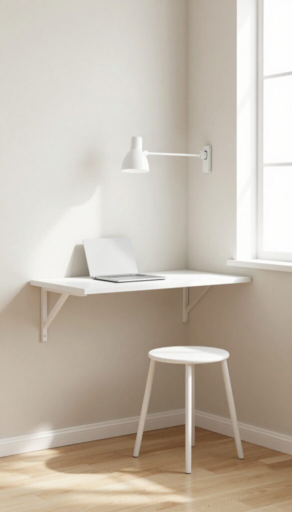 Corner-mounted desk in a small bedroom with a window, creating a compact workspace with a floating shelf and stool.