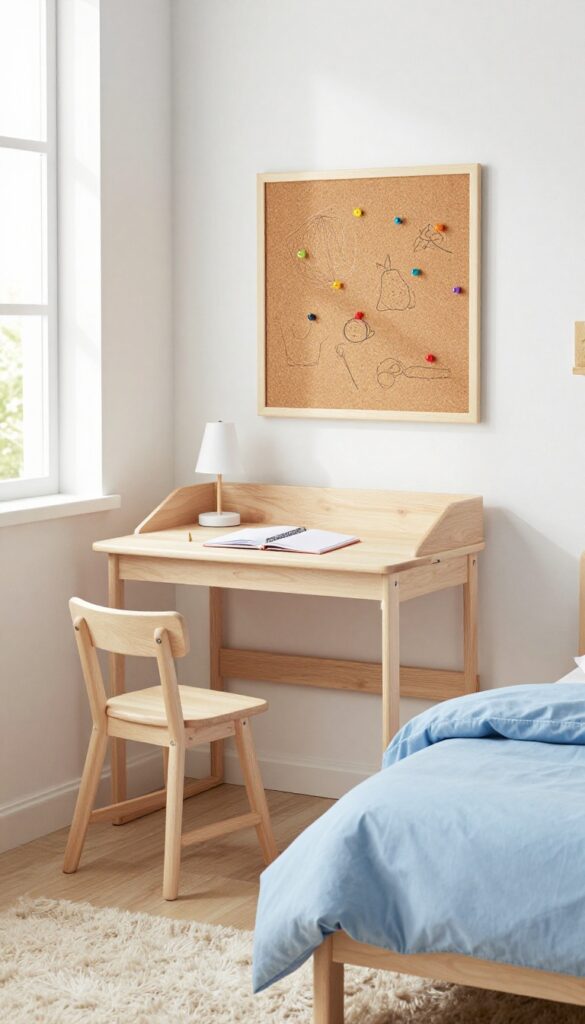 Fold-down desk in a child's bedroom, open with stool tucked underneath, corkboard above, bright natural light.