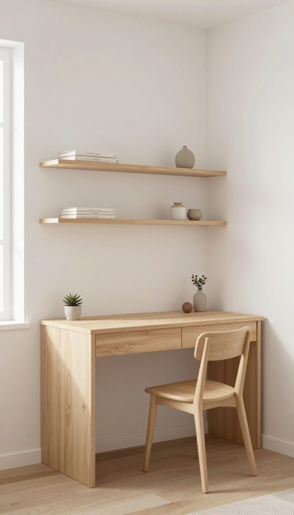 Small bedroom with wall-mounted desk and overhead shelves, minimalist and bright