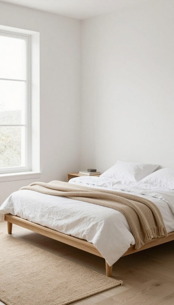 Small bedroom with a low-profile bed frame, soft white bedding, and a chunky knit throw, creating a calm and spacious feel.