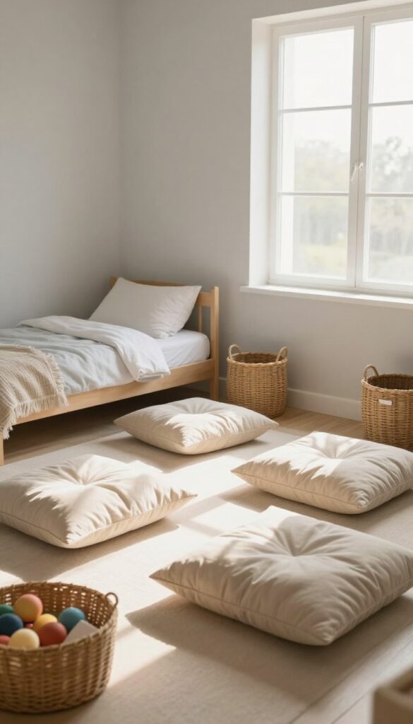 A cozy corner of a kids' bedroom with oversized floor cushions in warm beige, a small tray with toys, and a storage basket, bathed in natural light.