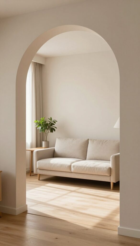 Living room with a painted clay arch accent wall behind a sofa, console table, and plant.