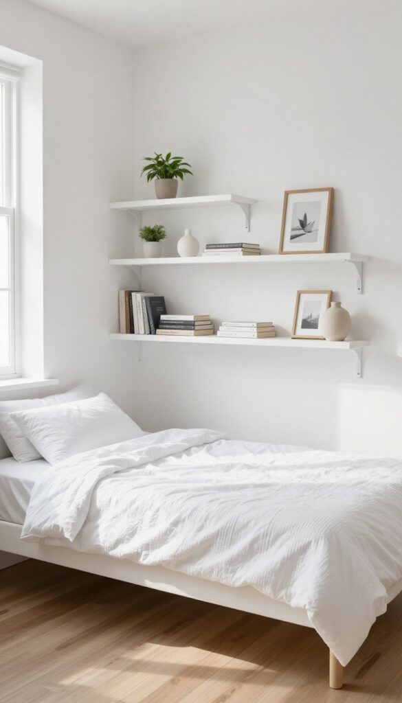 Small bedroom with floating shelves above bed for vertical storage, bright natural light, clean minimalist style