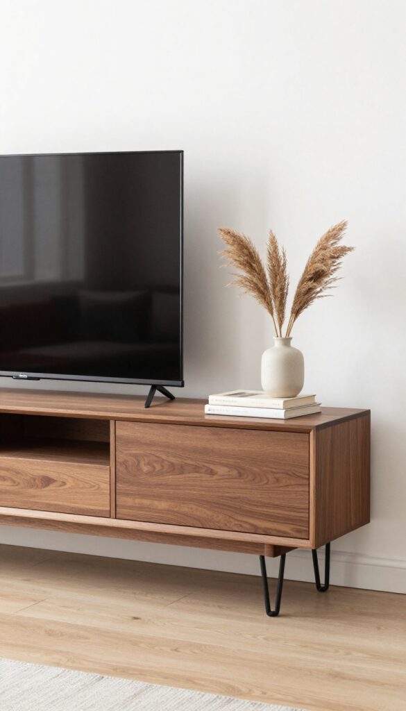 Mid-century modern credenza with hairpin legs holding a TV, styled with ceramic vase and books in a bright living room.