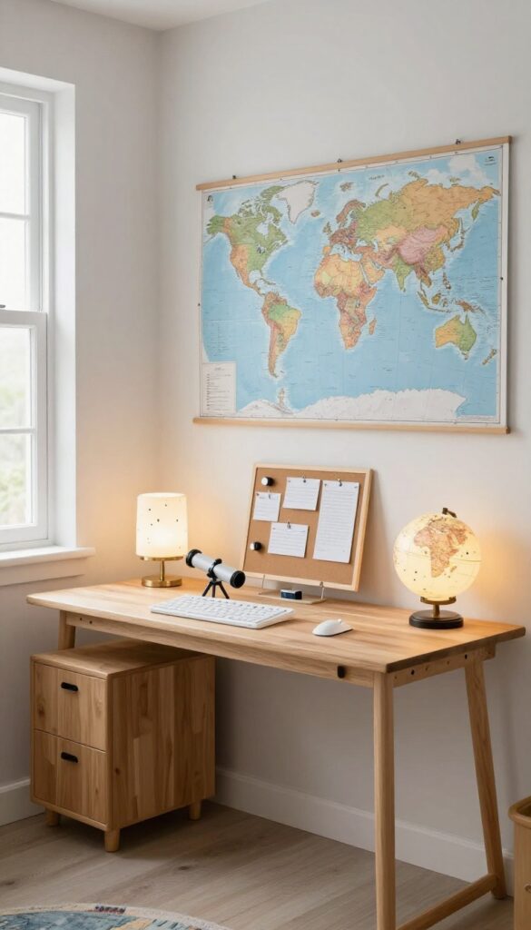 Space mission control desk in a boy's bedroom with world map, telescope model, corkboard, and starry lamp