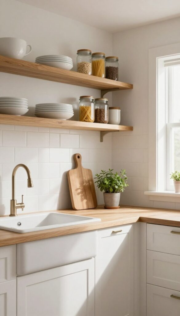 Farm kitchen with open shelving displaying white dishes and glass jars, natural light, clean composition