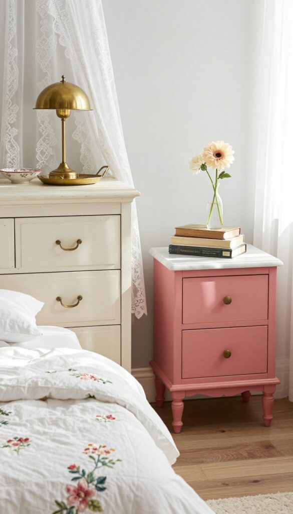 Vintage girls' bedroom with mismatched dusty rose dresser and marble-top nightstand, natural light, cozy and collected feel
