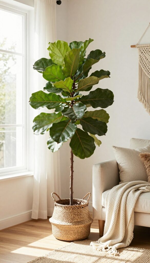 A tall fiddle leaf fig in a woven basket planter in a bright boho living room corner next to a sofa with textured pillows and a knit blanket.