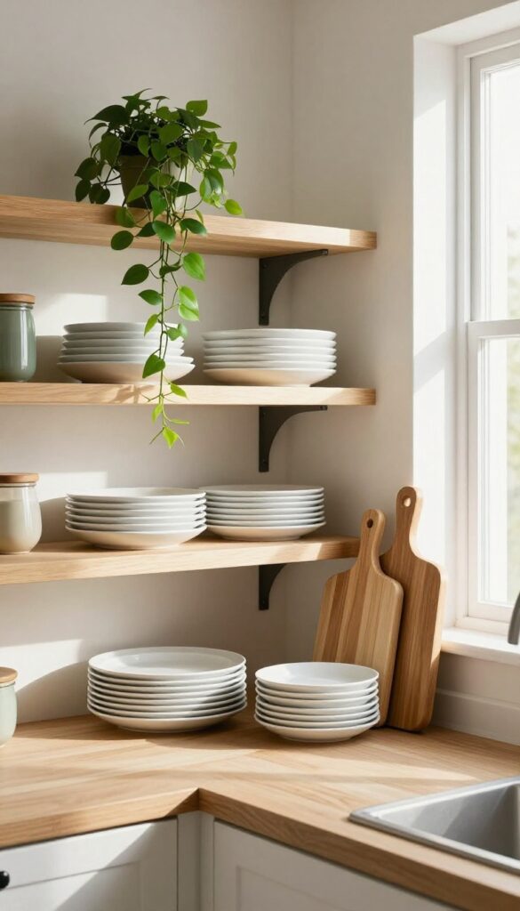 Open shelving in a kitchen with white plates, wooden boards, and a trailing plant, styled cozily with warm natural light.