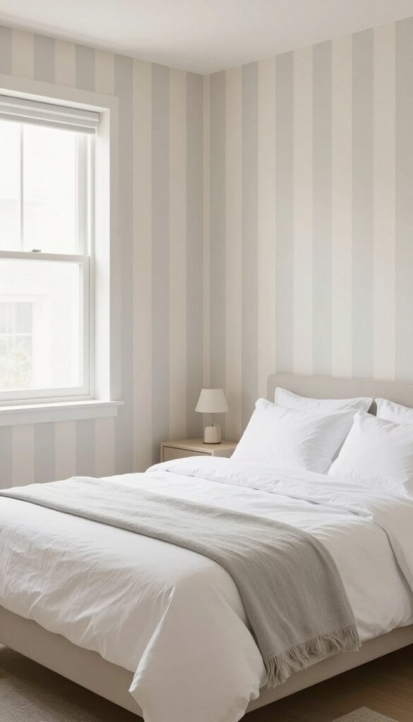 Small bedroom with vertical striped accent wall in soft beige and gray, bright natural light, simple bedding, minimalist decor.