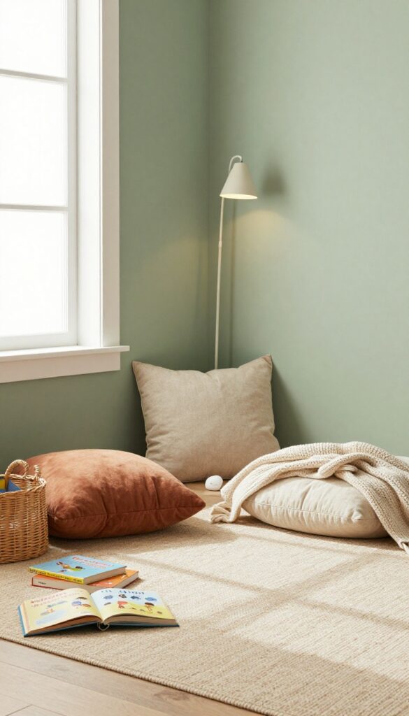 Cozy kids bedroom reading nook with floor pillows, basket of books, and warm lamp