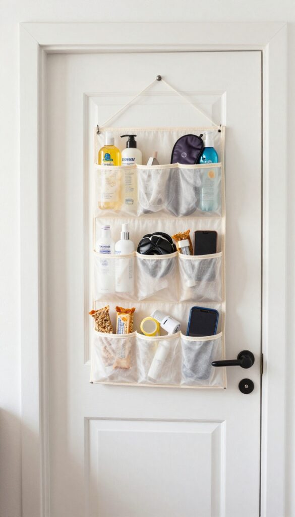 Clear over-the-door shoe organizer on a white door filled with toiletries and small essentials in a tiny guest bedroom.