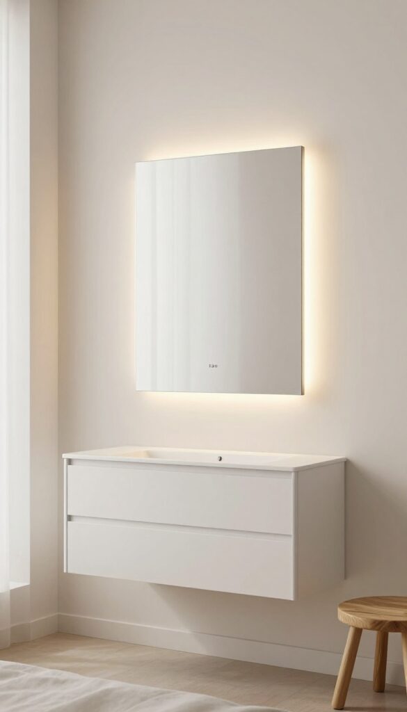 A sleek mirrored vanity cabinet with integrated LED lighting, mounted on a wall above a small stool in a bright, modern bedroom.