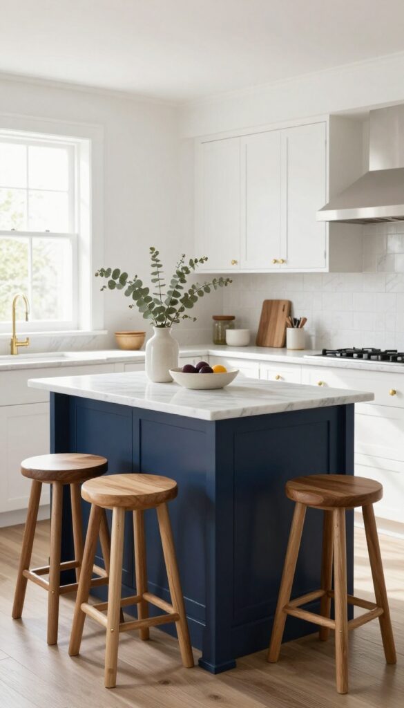 A kitchen island painted in deep navy blue with butcher block countertop, brass hardware, and wooden stools in a bright, neutral kitchen.
