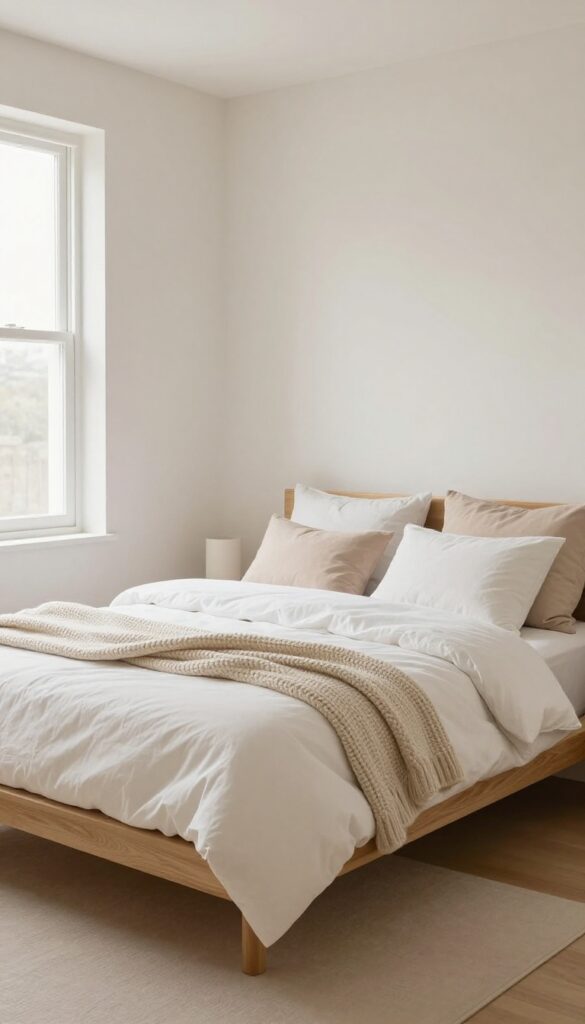 Cozy small bedroom with low-profile bed frame, fluffy bedding, and soft natural light