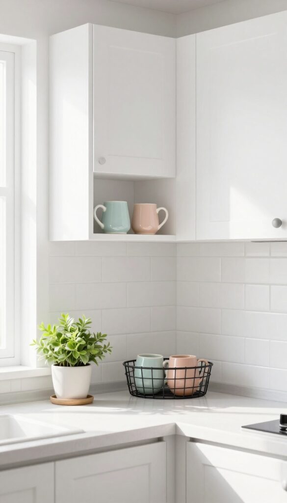Under-shelf wire basket holding coffee mugs in a bright kitchen