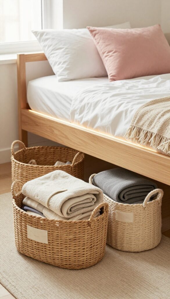Under-bed storage with woven baskets in a cozy small bedroom