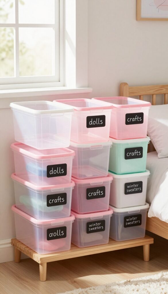 Under-bed storage bins with labels in a girl's bedroom