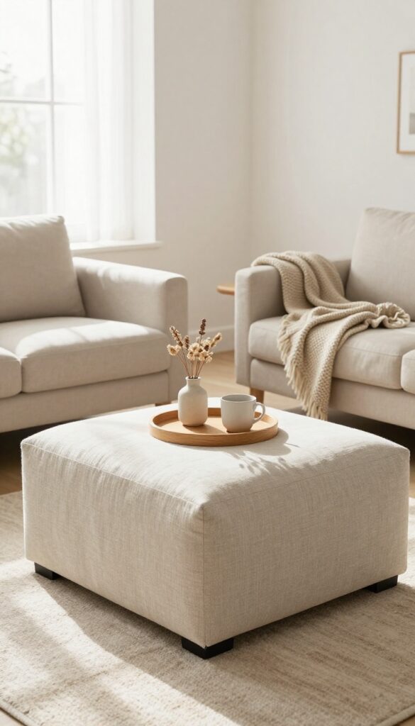 Neutral linen storage ottoman with wooden tray in bright small living room