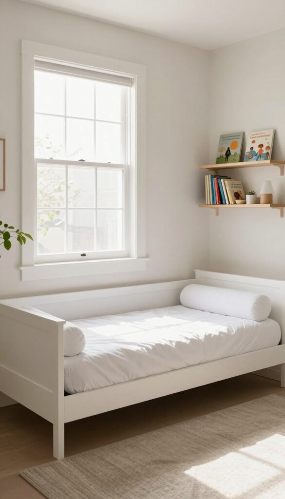 Bright nursery guest room with a white daybed and pull-out trundle, styled with white linens, a shelf with books and lamp, natural light, neutral decor.