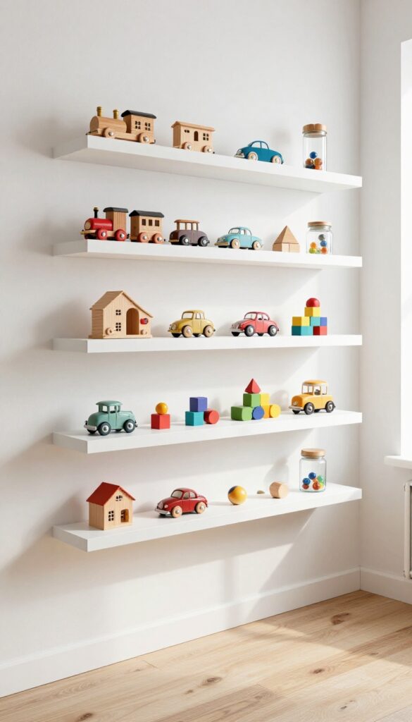 Floating white shelves with vintage toys in a bright, airy kid's bedroom