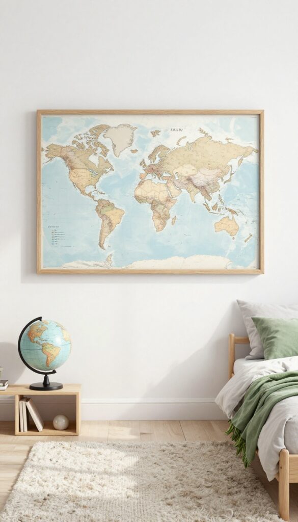 A toddler boy's bedroom featuring a vintage world map framed on the wall and a small globe on a shelf, with soft natural light and a clean, cozy aesthetic.