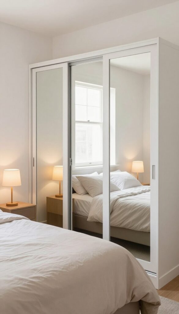 Small bedroom with mirrored sliding wardrobe doors reflecting natural light, neutral bedding, warm lamps, bright and airy interior design.