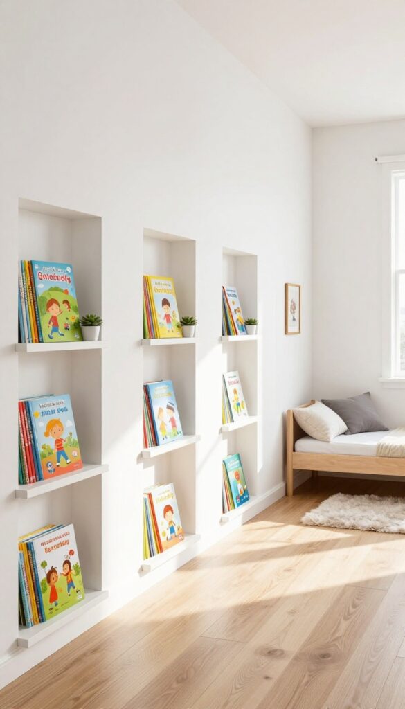 A photorealistic image of a child's bedroom with wall-mounted book ledges displaying colorful books face-out, arranged by color, with a small plant and framed photo, in natural light.