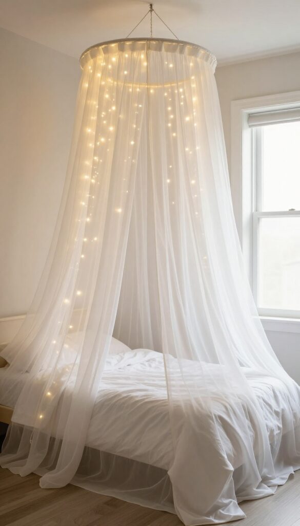 Boy's bedroom with starry canopy bed curtains and twinkling LED lights