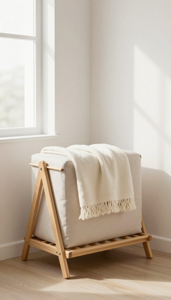 Guest room with a foldable wooden luggage rack featuring a padded top and a folded throw blanket, bathed in natural light.
