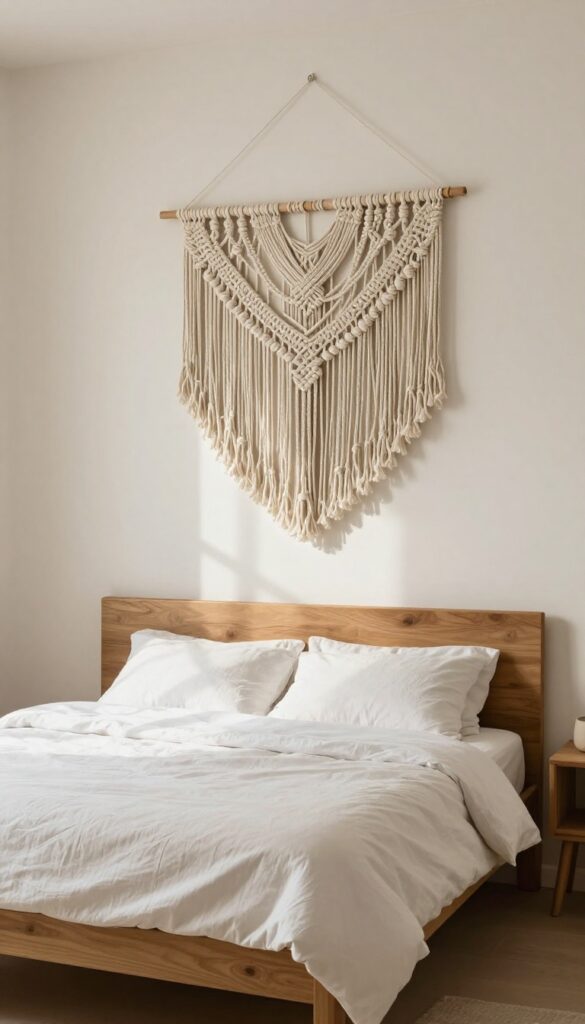 Macramé wall hanging above headboard in neutral bedroom