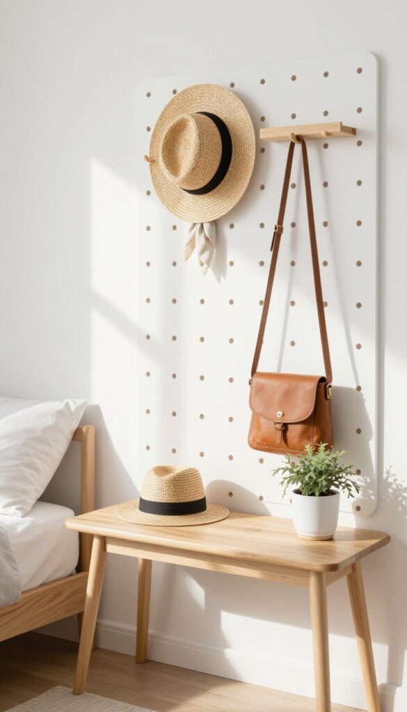 A small bedroom with a white pegboard wall displaying a hat, bag, scarf, and plant, with natural light from a window.