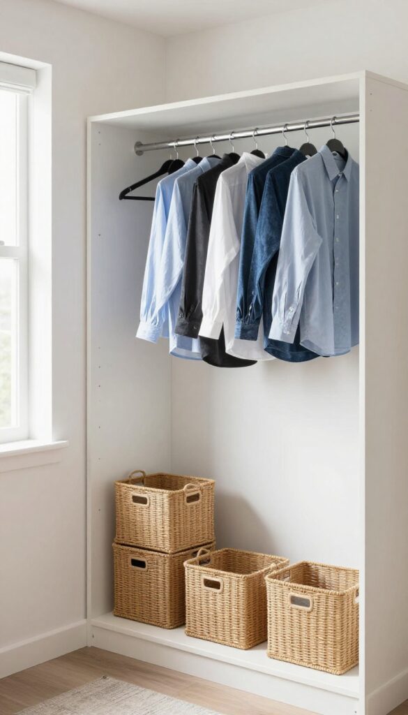 Shared closet with double hanging rods for two boys, organized with bins and baskets.