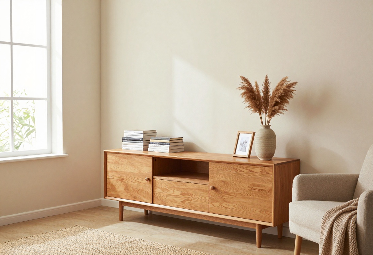 Warm wood credenza in a cozy living room with books, vase, and natural light