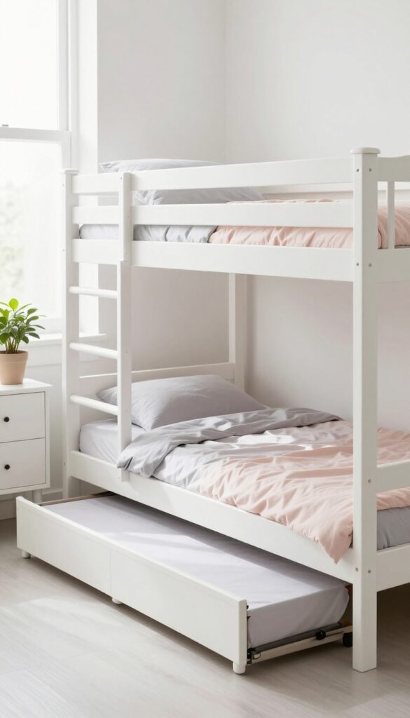 Girls bunk bed with trundle for sleepovers in a bright, modern bedroom