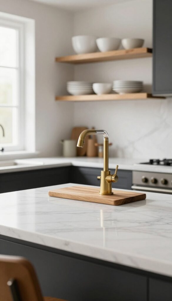 Bright kitchen with white marble-look countertops, brass faucet, and warm wood shelving