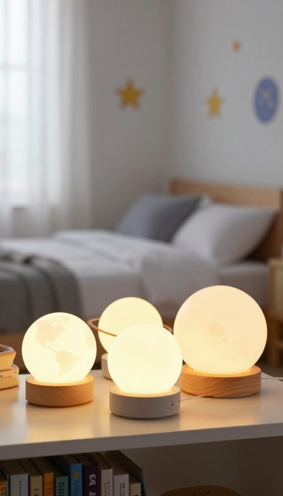Glowing planet night lights on a shelf in a boy's bedroom